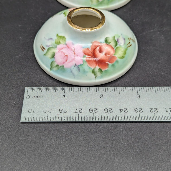 Vintage Porcelain Hand Painted Red And Pink Roses Candlestick Holders Signed - Picture 13 of 16